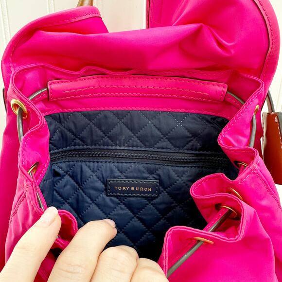 Tory Burch Perry Nylon Flap Backpack Bright Pink Fuchsia Leather Trim Bag - Picture 14 of 16